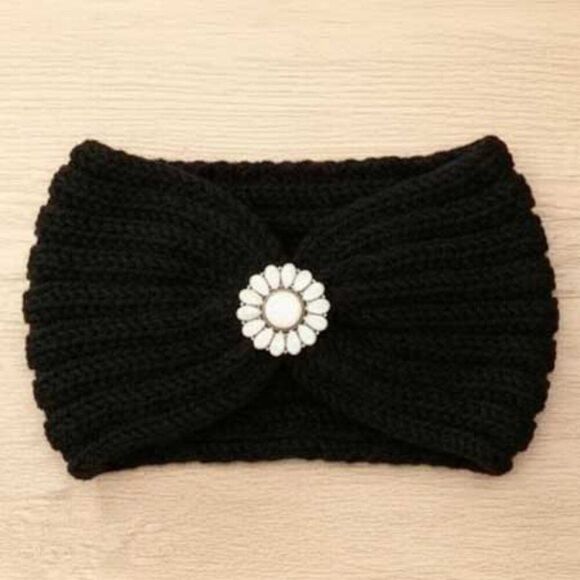 2/$21 Ladies Black Beaded Knitted Winter Headband - Picture 2 of 6